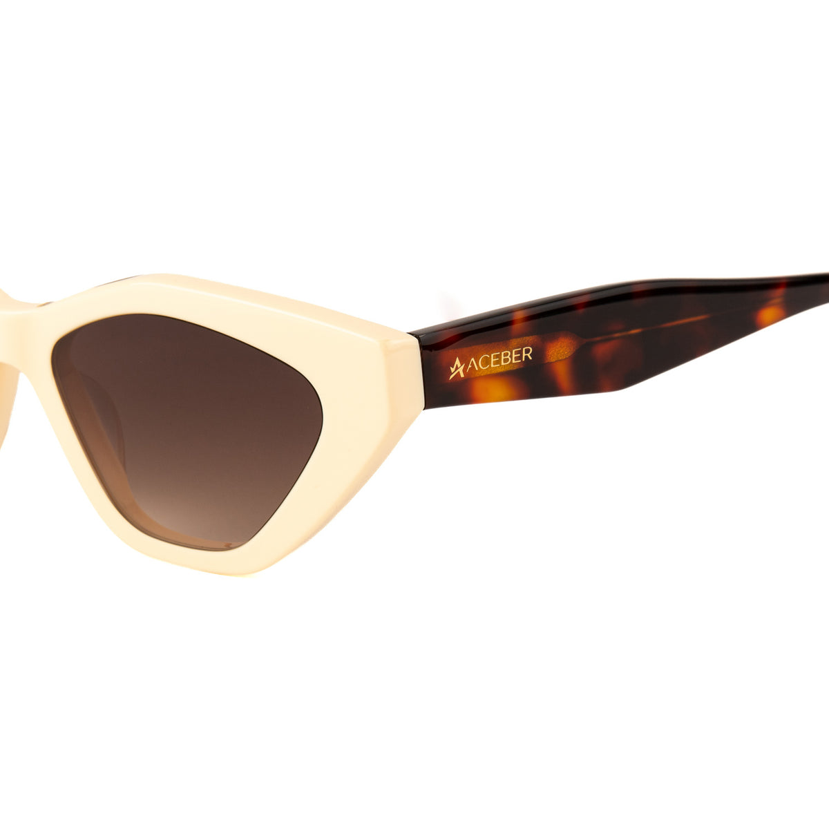 ACEBER SonicB - ochelari de soare cat-eye dama, vedere din profil, brat havana cu logo auriu protectie UV400 