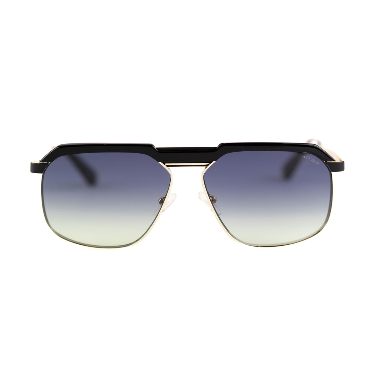 Ochelari de soare Velvet, silueta aviator dublu-pod, rama neagra cu accente aurii, lentile degrade albastru-verde. Protectie UV400 certificata CE. 