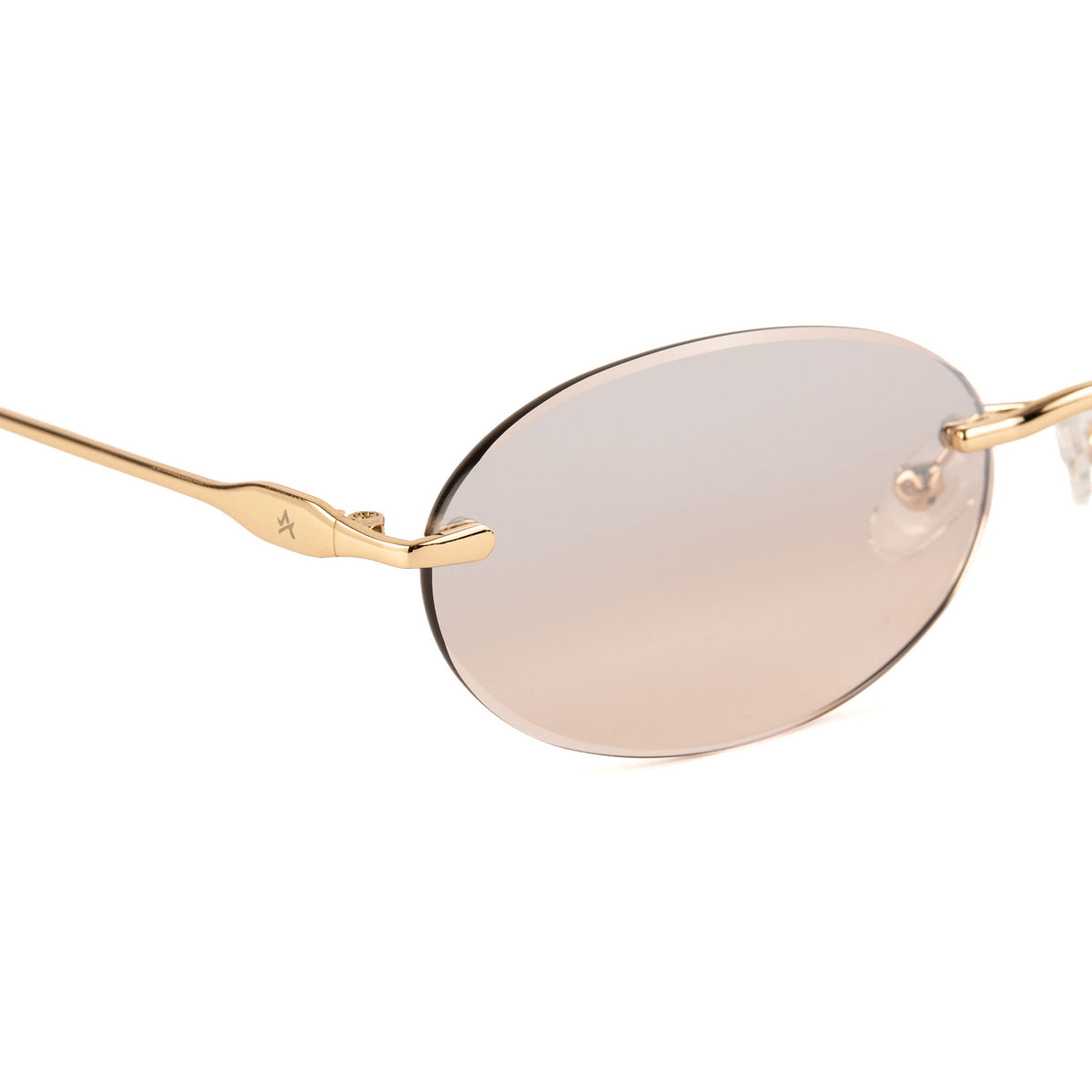 Ochelari de soare Bloom, silueta ovala rimless, rama titan aurie, lentile roz-champagne degrade. Protectie UV400 certificata CE. comenzi pe www.aceber.eu