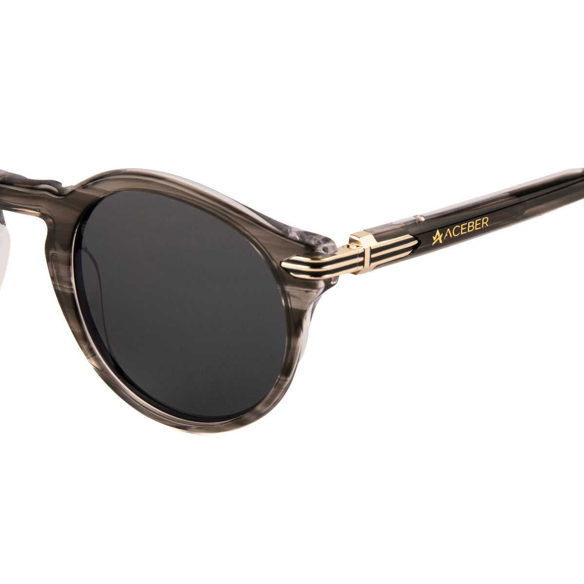 ochelari de soare rotunzi ai brandului romanesc Aceber, cu lentile polarizate si protectie UV400 detalii logo elegante