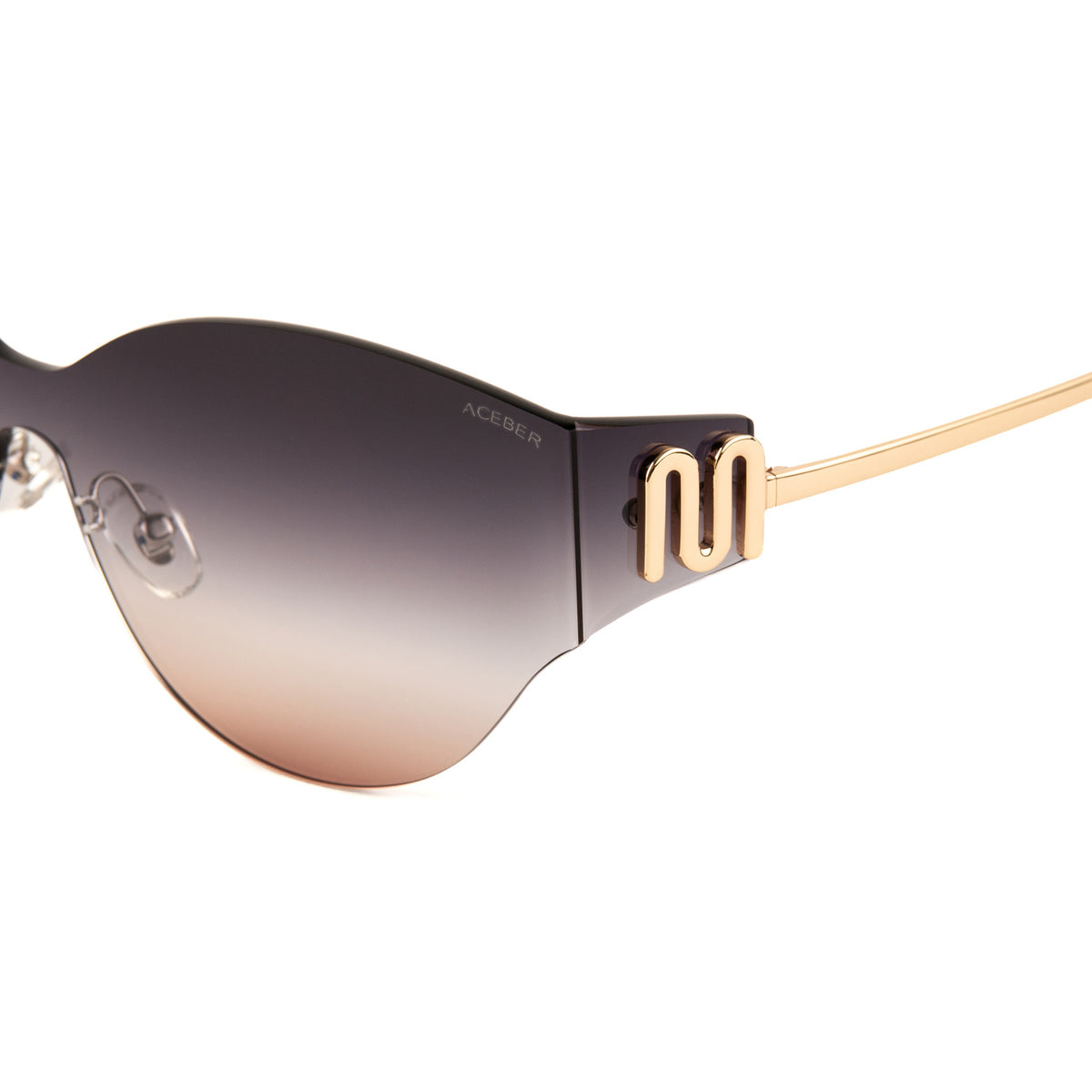 ochelari de soare dama futuristici, brand romanesc, rama rimless titan auriu, lentile albastre UV400 - ACEBER Radiance