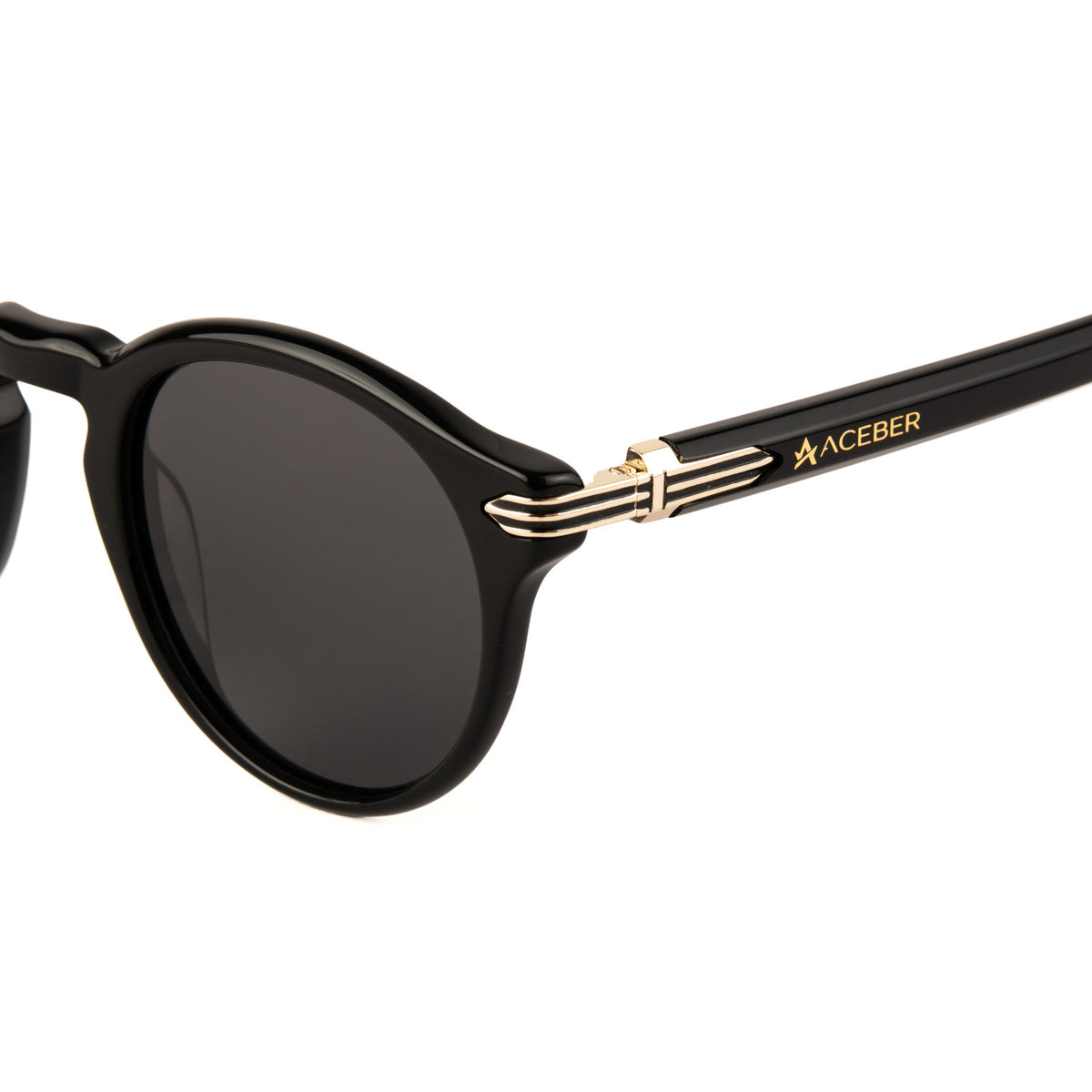 ochelari de soare rotunzi, material acetat italian, lentile polarizate, protectie reala UV400, rama negru lux si detalii aurii